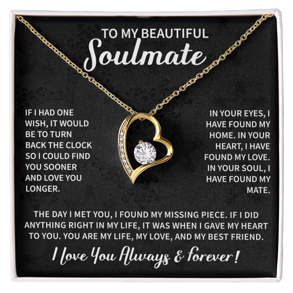 soulmate necklace displayed with a heartfelt message card full of love